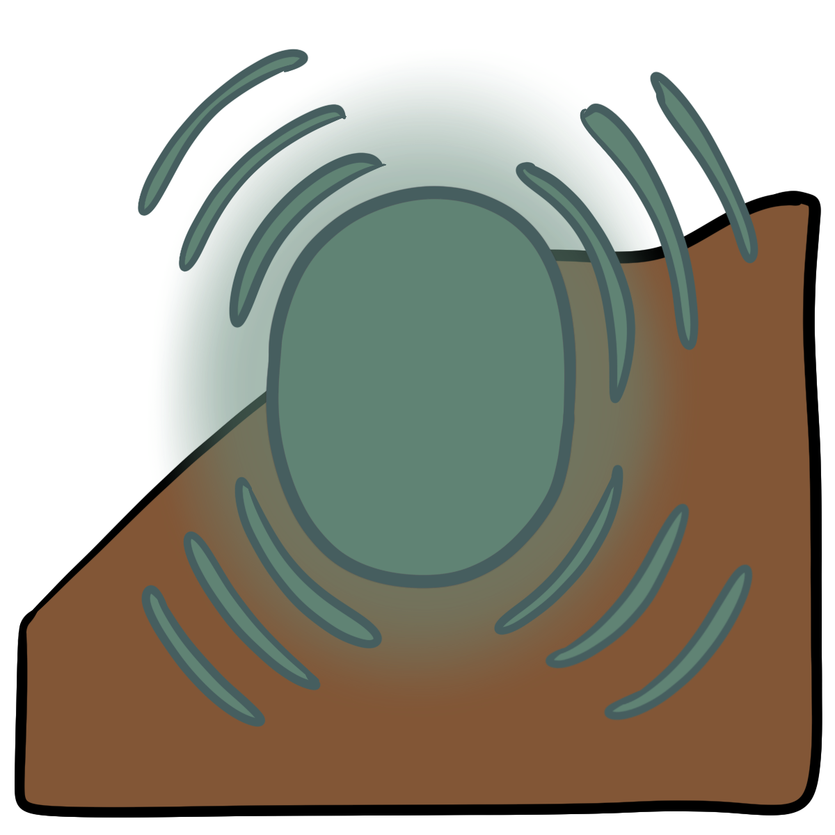 A seafoam green glowing oval with three curved lines pulsing out in four directions.  Curved medium brown skin fills the bottom half of the background.